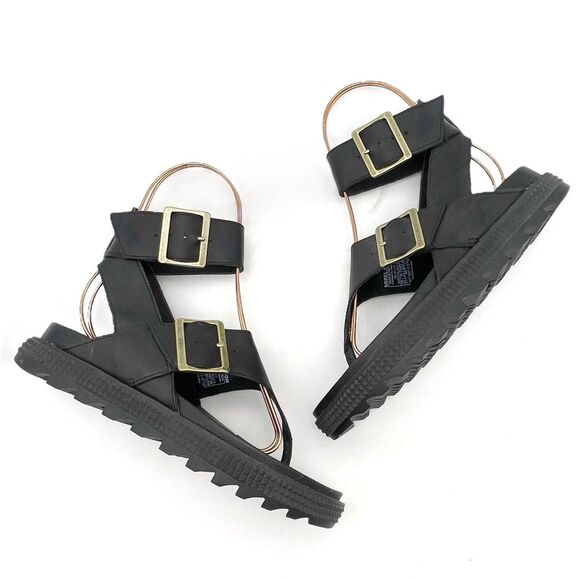 Sorel Roaming T-Strap Buckle Sandals Size 5.5 Black Leather Strappy Rugged Sole - Picture 9 of 16